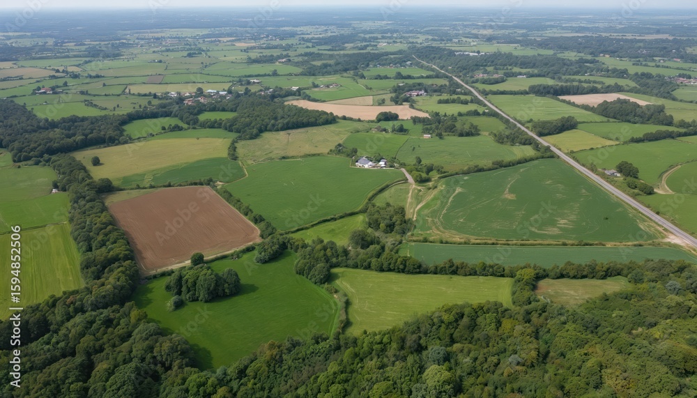 Obraz premium Aerial view of rural landscape with green fields, agricultural farm, scattered houses. Country scene shows plots of land suitable for real estate, housing subdivision, development, investment. Road