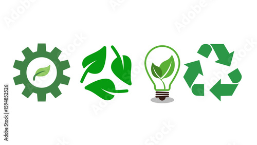 Cluster of Green Symbols Including House, Leaves, and Recycling Arrows – Eco Lifestyle Vector