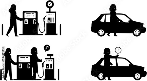 Four vectors of a woman tanking at gas station
