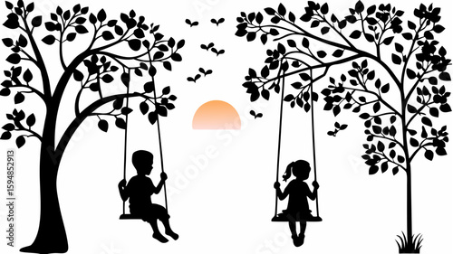 Silhouette of children on swings hanging from trees with leaves and a sunset in the background scene