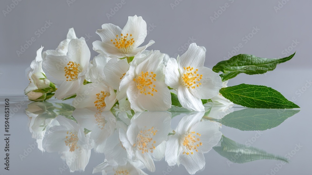 Obraz premium A delicate arrangement of jasmine flowers reflected on a surface.