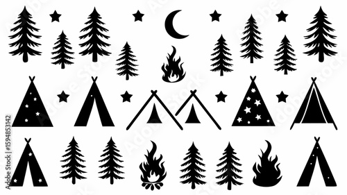Silhouette camping scene with trees tents stars moon and fire in a vector graphic arrangement design