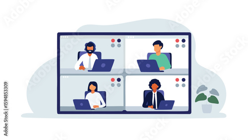 Online meeting screen showing four participants with laptops in a virtual conference call setting shown