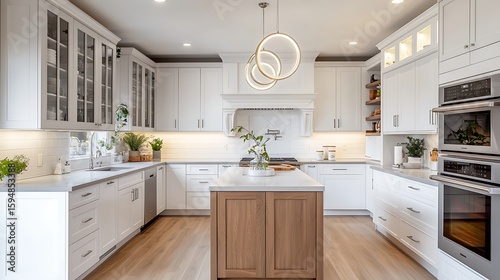 Pure tone kitchen with full white cabinetry, misty grey counters, a clear walnut island and soft LED ring pendant lights overhead.