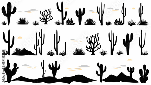 Silhouette illustration of various cacti and desert plants arranged in horizontal rows on a white background