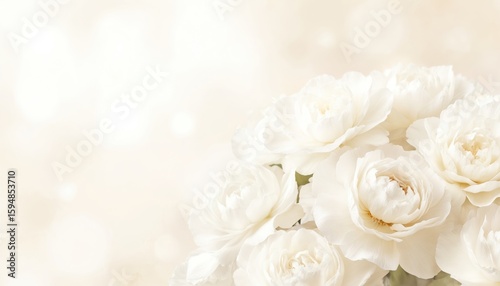 Bouquet of elegant white roses on soft ivory background. Delicate petals, luxurious creamy hue, refined atmosphere perfect for weddings, celebrations, romantic themes. Gentle bokeh adds subtle charm.