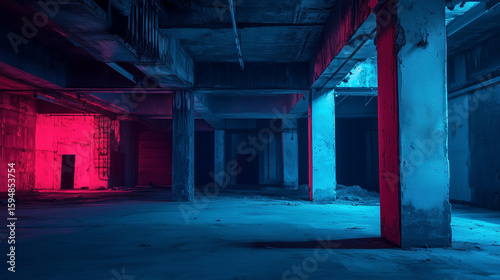Abandoned industrial interior with red and blue neon lighting creating a dramatic mysterious atmosphere.