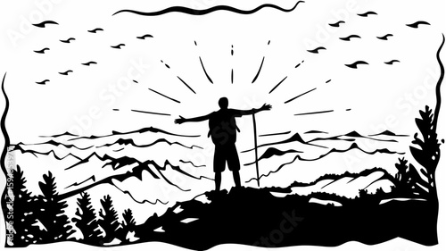 Silhouette of a hiker with arms outstretched on a mountain top with birds and sun rays in black and white