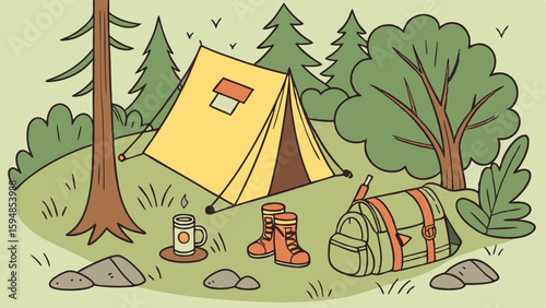 Detailed cartoon illustration of a tranquil outdoor camping scene featuring a yellow tent, green trees, camping boots, a duffel bag, and a hot drink in nature.