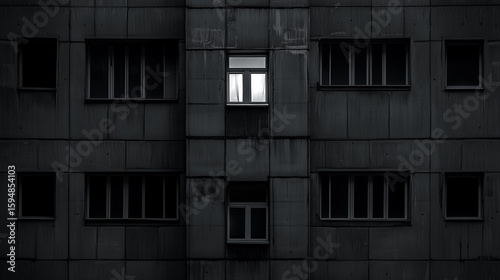 Nighttime view of dark apartment facade with a single bright window glowing among unlit windows.