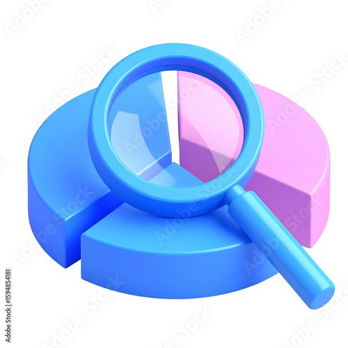 Blue pie chart magnifying glass data analysis business finance statistics 3D illustration pink segment research information modern isolated digital infographic cheerful report market review growth