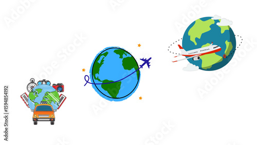 Conceptual illustration featuring a blue airplane flying around Earth with a dotted path and destination points, alongside a world globe adorned with fluffy clouds.