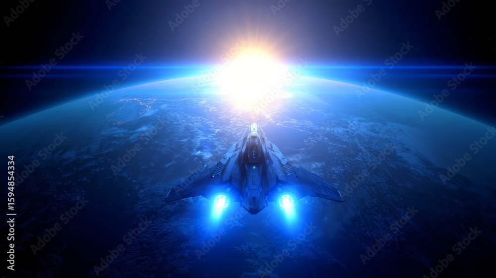 Fototapeta premium Spaceship orbiting earth at sunrise. Neural network AI generated