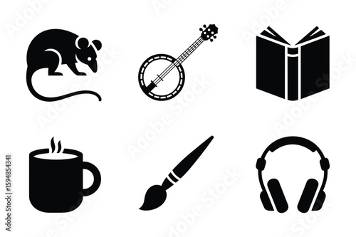 Black silhouette icons of a rat banjo book mug paintbrush and headphones rodent animal
