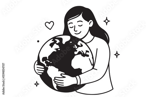 A black and white vector of a woman hugging the globe, symbolizing love for Earth and awareness of global warming, with bold outlines.

