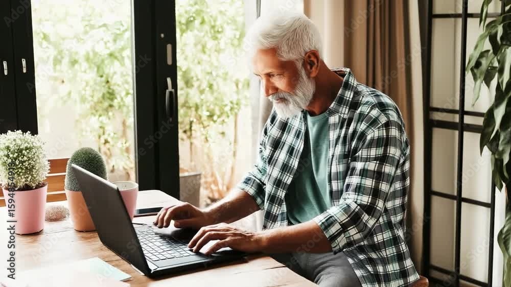 An older man is sitting at a table with a laptop in front of him. He is typing on the keyboard and he is focused on his work. The room has a cozy atmosphere with a potted plant and a vase on the table