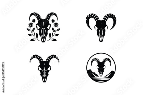 Ram skull with floral elements and mountain landscape animal skull horns