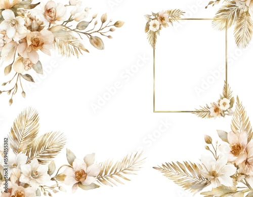 Fototapeta Naklejka Na Ścianę i Meble -  Boho style watercolor illustration featuring gold square frame adorned with dried flowers, palm leaves, pampas grass. Floral bouquets with roses, orchids create bohemian wedding invitation design.