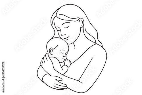A black and white vector of a mother hugging her baby, with bold black outlines capturing warmth, love, and emotional connection in minimal style.

