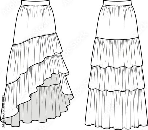 cad drawing flat vector illustration of women tiered skirt front and back view asymmetrical hem fashion technical sketch