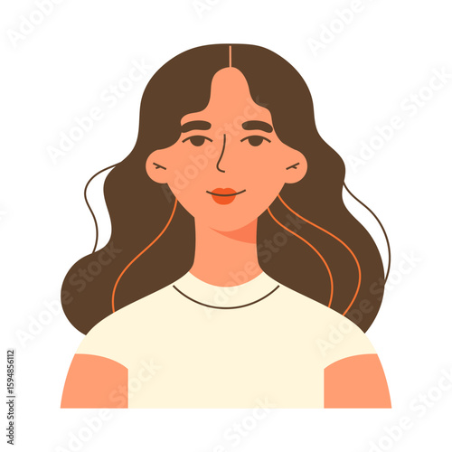 Flat style vector illustration of a young woman with brown hair. Portrait of a brunette on a white background