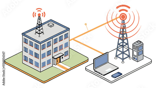 Isometric view of a building with antenna communicating with a laptop and a cell tower setup