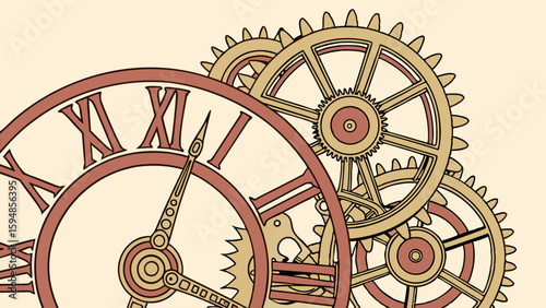 Intricate vintage clockwork illustration featuring detailed gears, cogs, and a classic Roman numeral clock face. Antique mechanical time design.