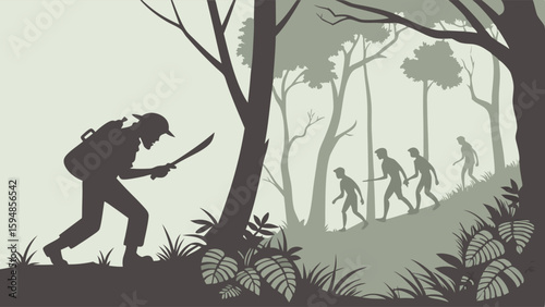 Monochromatic silhouette art of an explorer with a machete clearing a jungle path with a group trekking uphill in the background. Wilderness adventure.