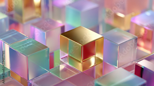 Iridescent cubes with golden one in foreground background image