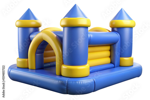Blue and yellow inflatable castle bounce house for children s parties isolated on transparent background