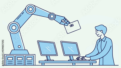 Robotic arm handing a card to a person working at a computer in a light blue illustration