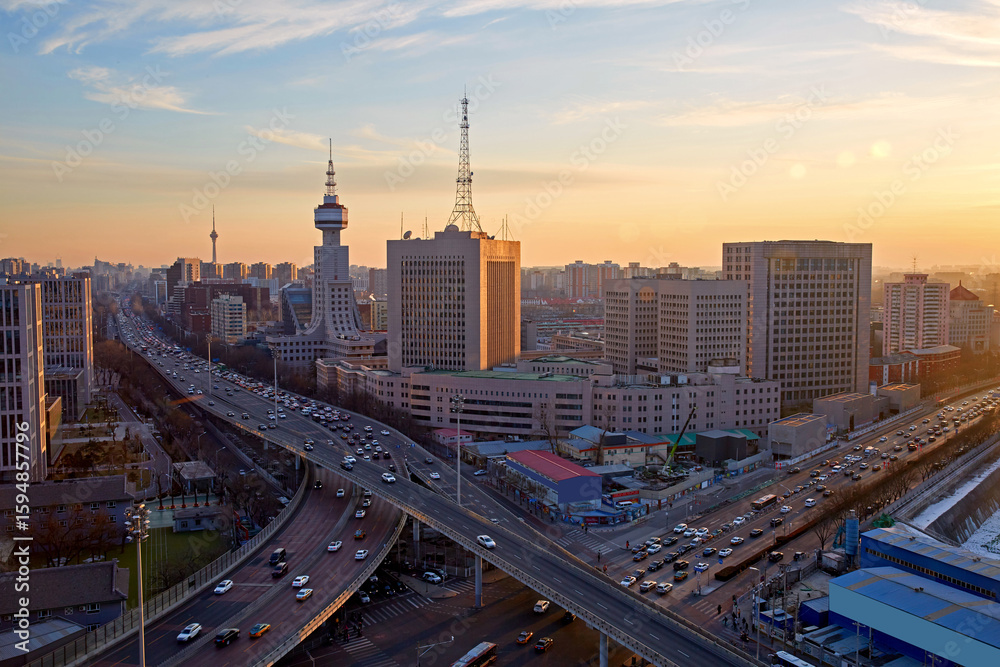 Naklejka premium China Beijing Suzhou Bridge city dusk traffic and skyscraper landscape
