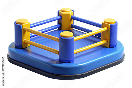 Inflatable boxing ring with blue and yellow poles and ropes isolated on transparent background
