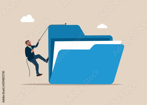 Business concept, corporate of success, career path. Businessman climb rope to top of folder. Organize folder, leadership skill or trust on work responsibility. Flat vector illustration. 