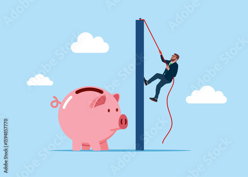 Business concept, corporate of success, career path. Businessman climb rope to top and get what you want  pink piggy bank. Flat vector illustration