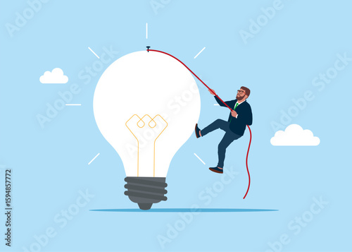 Business concept, corporate of success, career path. Businessman climb rope to top of light bulb. Flat vector illustration