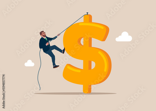 Business concept, corporate of success, career path. Businessman climb rope to top of symbol dollar money. Flat vector illustration