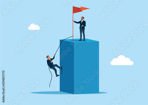 Business concept, corporate of success, career path. Businessman climb rope to top. Flat vector illustration