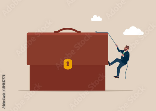 Business concept, corporate of success, career path. Businessman climb rope to top of briefcase. Career growth development plan, job promotion. Flat vector illustration