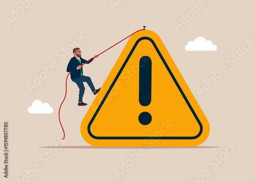 Business concept, corporate of success, career path. Businessman climb rope to top of exclamation attention sign. Incident management, root cause analysis or solving problem. Vector