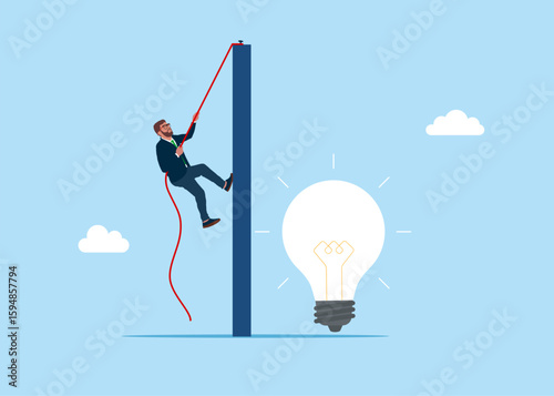 Business concept, corporate of success, career path. Businessman climb rope to top and get what you want  light bulb. Flat vector illustration