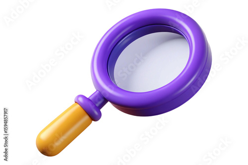 A cartoonish purple magnifying glass with a yellow handle isolated on transparent background