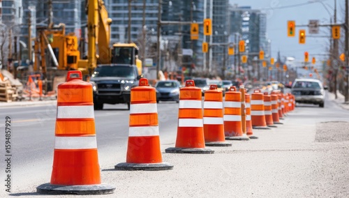 Road construction cones line a city street