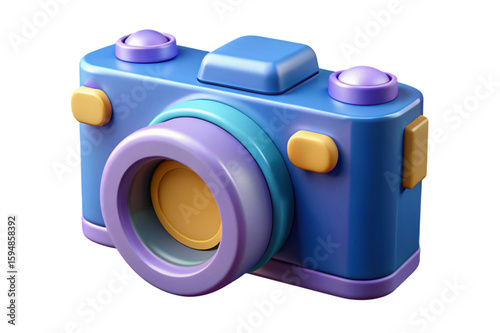 Stylized 3d rendering of a cute blue and purple digital camera isolated on transparent background