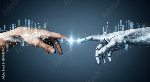 Human and robot hands reaching out to touch, with a bright light between them, symbolizing connection and technology.