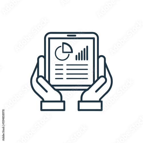 Hands holding tablet with financial data isolated on white background