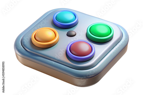 Retro video game controller with four colorful buttons and a joystick isolated on transparent background