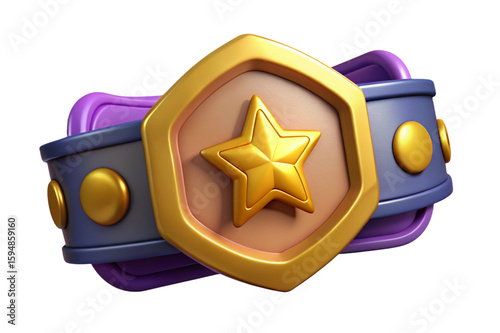 Golden star badge on a purple and blue belt isolated on transparent background