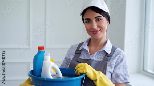 A cleaner with a bucket and detergents, high-quality video