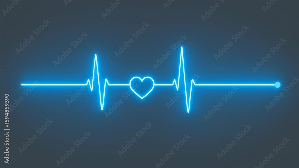 Blue neon heartbeats on a monitor. ECG display pulsing heart rate data. Digital health and vital sign analysis footage.